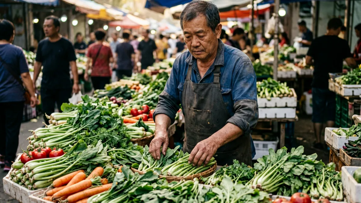 本色视频平台美食短片画面，厨师在市集中挑选当季食材特写镜头