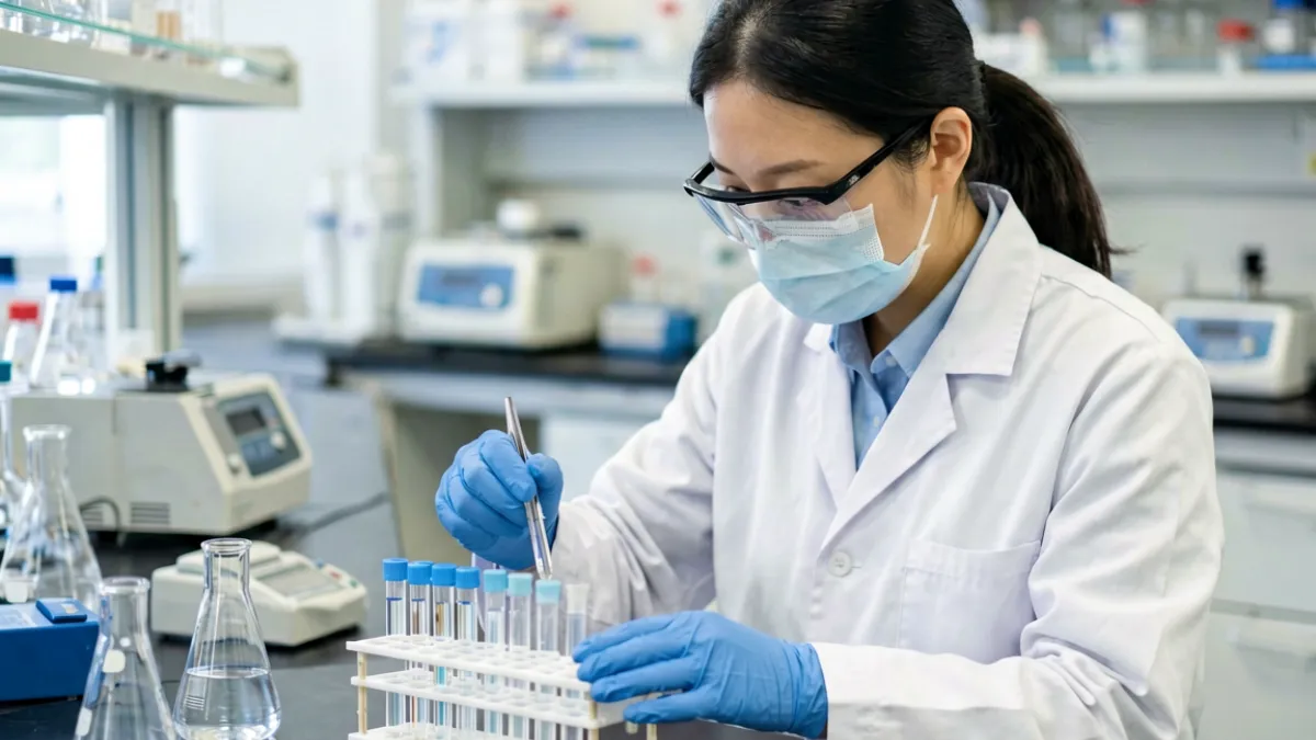 本色视频科普内容画面，实验室里研究员讲解材料科学原理的特写